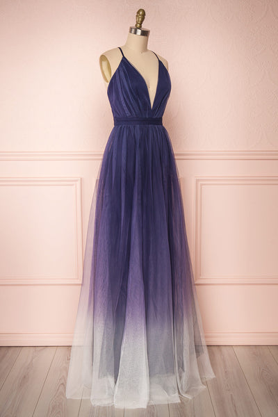 Docina Ocean Navy Blue & White Tulle Maxi Prom Dress | SIDE VIEW | Boutique 1861