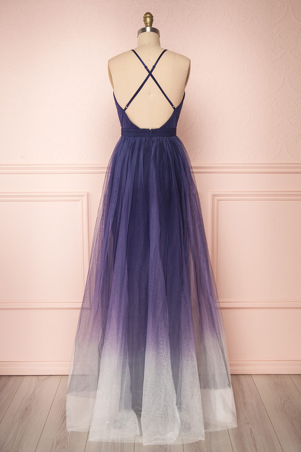 Docina Ocean Navy Blue & White Tulle Maxi Prom Dress | BACK VIEW | Boutique 1861