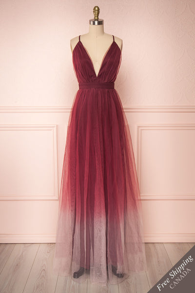 Docina Volcano Burgundy Tulle Maxi Prom Dress | FRONT VIEW | Boutique 1861