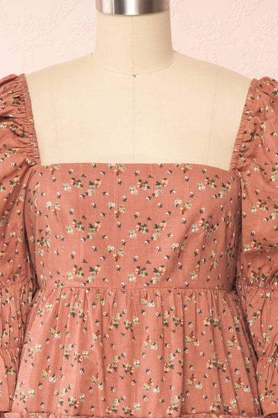 Dolly Rose Pink Square Neck Floral Short Dress | Boutique 1861 front close up