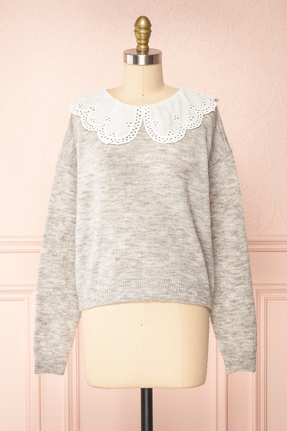 Dominique Grey Peter Pan Collar Sweater | Boutique 1861 front view