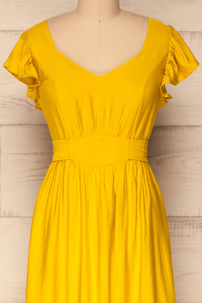 Doncaster Yellow Midi A-Line Dress w/ Ruffles | La Petite Garçonne front close-up