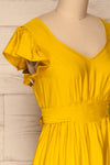 Doncaster Yellow Midi A-Line Dress w/ Ruffles | La Petite Garçonne side close-up