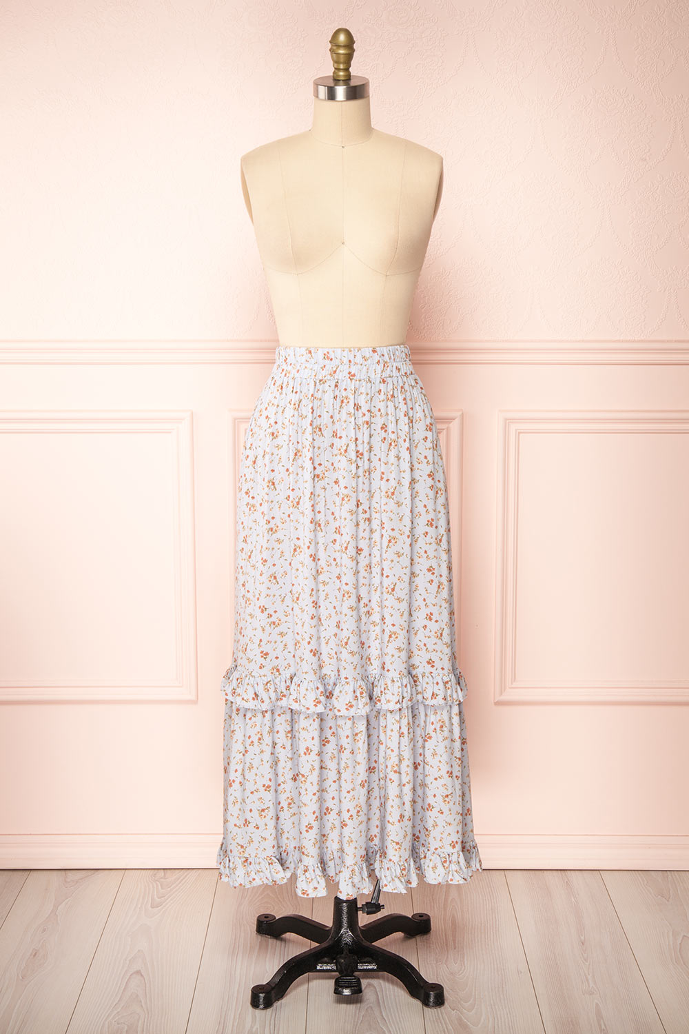 Dorys Blue | Floral Midi Skirt With Elastic Waist front view