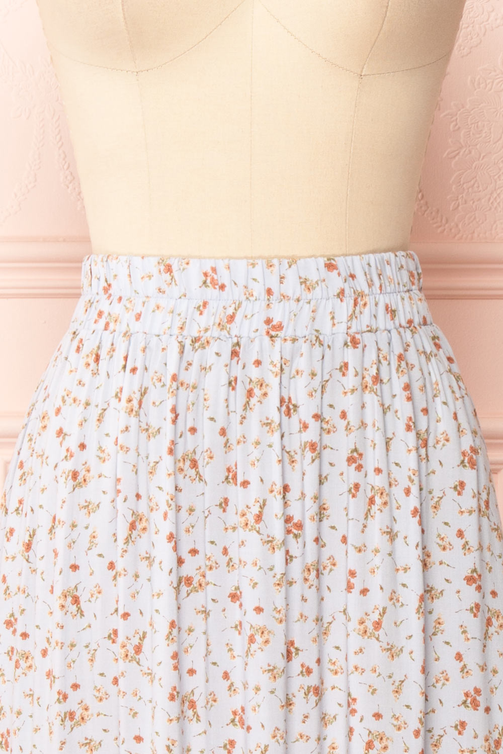 Dorys Blue | Floral Midi Skirt With Elastic Waist front close-up