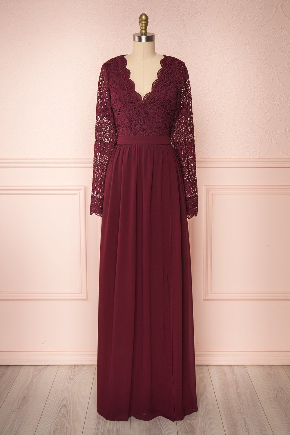 Dottie Burgundy Lace & Chiffon A-Line Gown | Boutique 1861 front