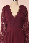 Dottie Burgundy Lace & Chiffon A-Line Gown | Boutique 1861 front close-up