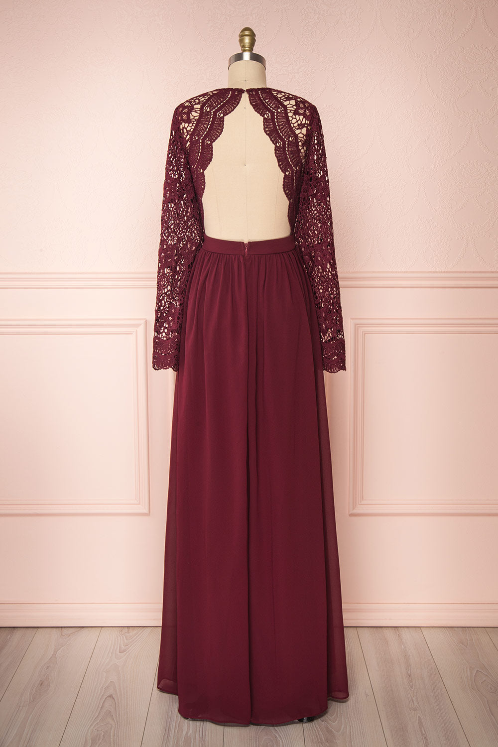 Dottie Burgundy Lace & Chiffon A-Line Gown | Boutique 1861 back view 
