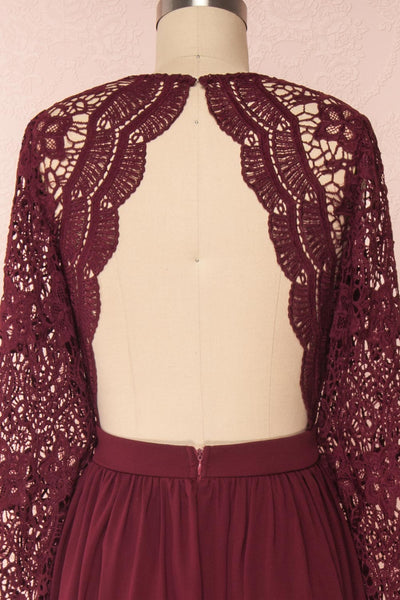 Dottie Burgundy Lace & Chiffon A-Line Gown | Boutique 1861 back close-up