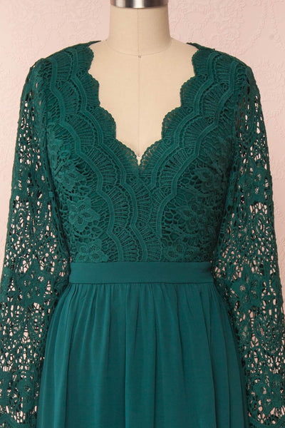 Dottie Emerald Green Lace & Chiffon A-Line Gown | Boutique 1861 front close-up