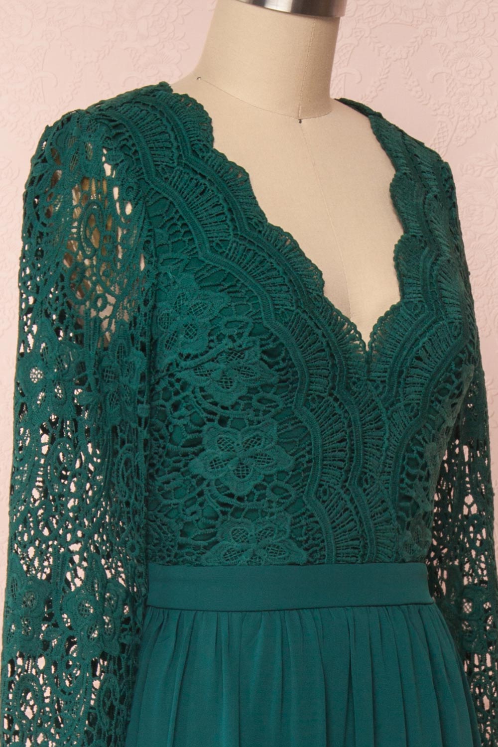 Dottie Emerald Green Lace & Chiffon A-Line Gown | Boutique 1861 side close-up