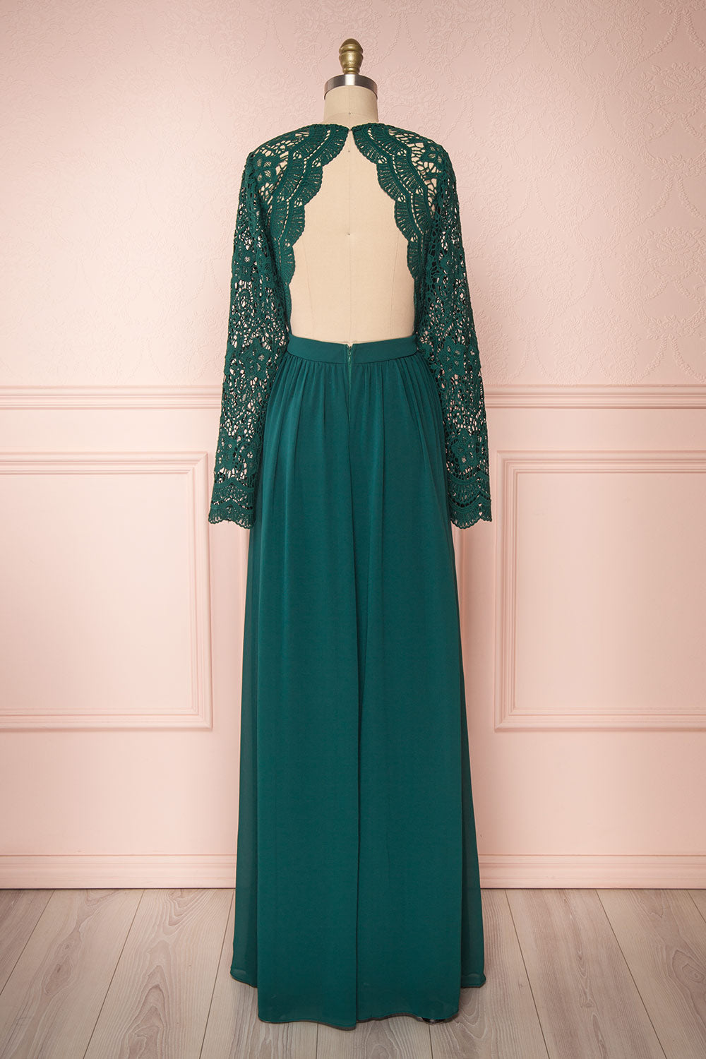 Dottie Emerald Green Lace & Chiffon A-Line Gown | Boutique 1861 back view 