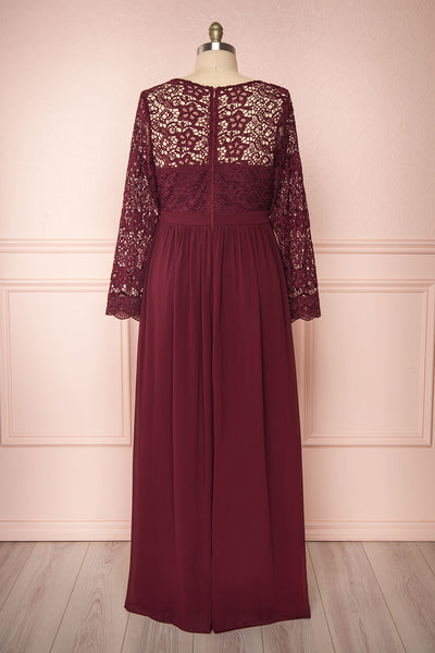 Dottina Burgundy Lace & Chiffon Plus Size Gown back view | Boutique 1861