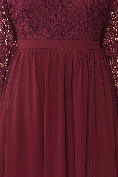 Dottina Burgundy Lace & Chiffon Plus Size Gown fabric close up | Boutique 1861
