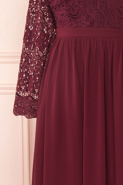 Dottina Burgundy Lace & Chiffon Plus Size Gown sleeve close up | Boutique 1861