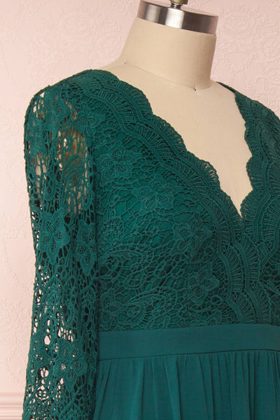 Dottina Emerald Green Lace & Chiffon Plus Size Gown side close up | Boutique 1861