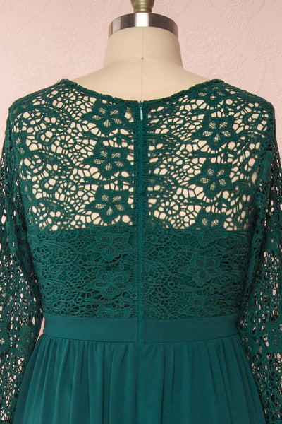 Dottina Emerald Green Lace & Chiffon Plus Size Gown backclose up | Boutique 1861
