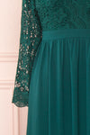 Dottina Emerald Green Lace & Chiffon Plus Size Gown sleeve close up | Boutique 1861