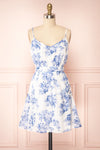 Draba | White And Blue Floral Short Dress front view