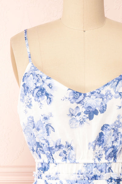 Draba | White And Blue Floral Short Dress front close-up