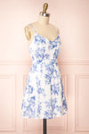 Draba | White And Blue Floral Short Dress side view