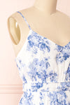 Draba | White And Blue Floral Short Dress side close-up