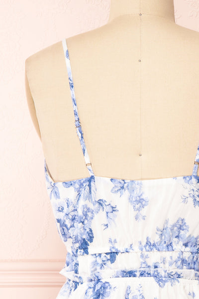 Draba | White And Blue Floral Short Dress back close-up
