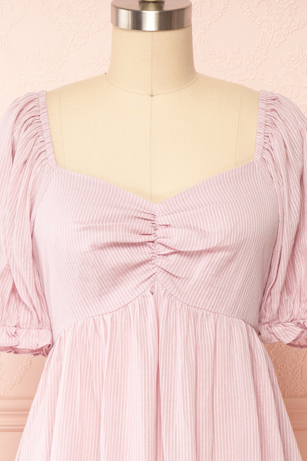 Dreew Short Pinstripe Dress w/ Puffy Sleeves | Boutique 1861 front close up