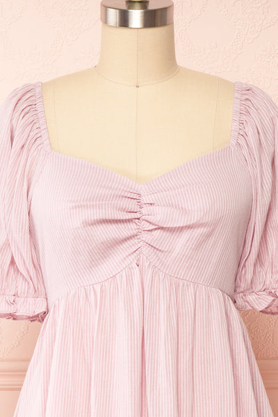 Dreew Short Pinstripe Dress w/ Puffy Sleeves | Boutique 1861 front close up