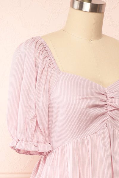 Dreew Short Pinstripe Dress w/ Puffy Sleeves | Boutique 1861  side close up