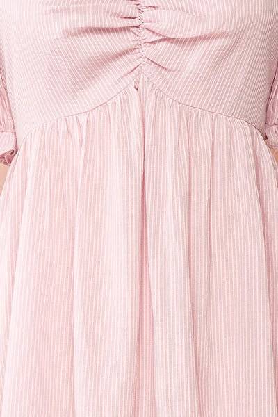 Dreew Short Pinstripe Dress w/ Puffy Sleeves | Boutique 1861  front close up