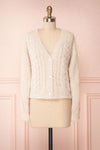 Durong Cream Fuzzy Knit Button-Up Crop Cardigan | FRONT VIEW | Boutique 1861