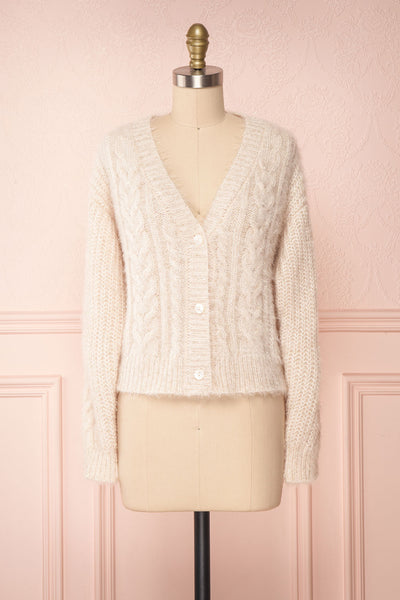 Durong Cream Fuzzy Knit Button-Up Crop Cardigan | FRONT VIEW | Boutique 1861