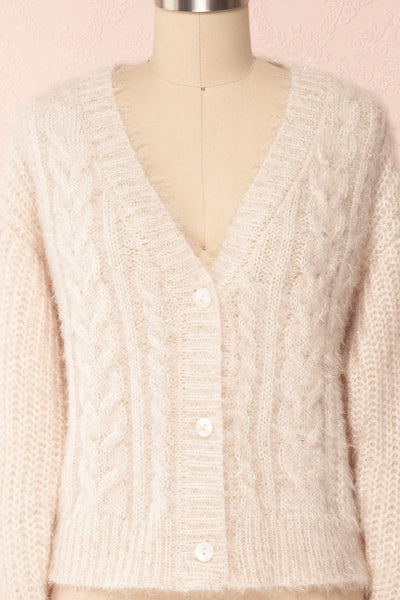 Durong Cream Fuzzy Knit Button-Up Crop Cardigan | FRONT CLOSE UP | Boutique 1861