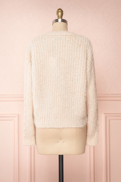 Durong Cream Fuzzy Knit Button-Up Crop Cardigan | BACK VIEW | Boutique 1861