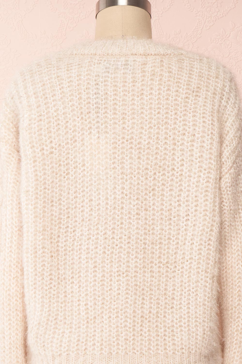 Durong Cream Fuzzy Knit Button-Up Crop Cardigan | BACK CLOSE UP | Boutique 1861