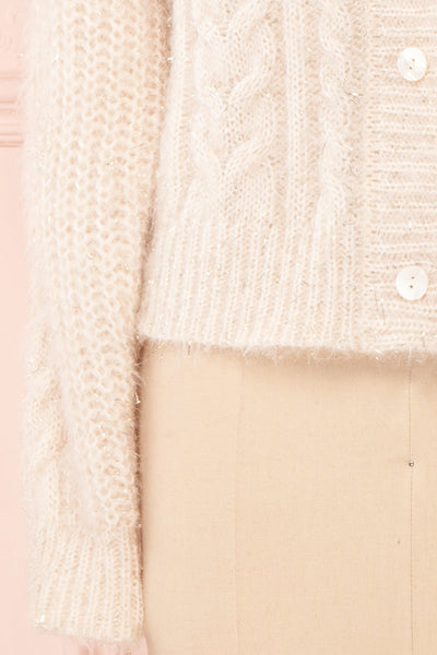 Durong Cream Fuzzy Knit Button-Up Crop Cardigan | BOTTOM CLOSE UP | Boutique 1861