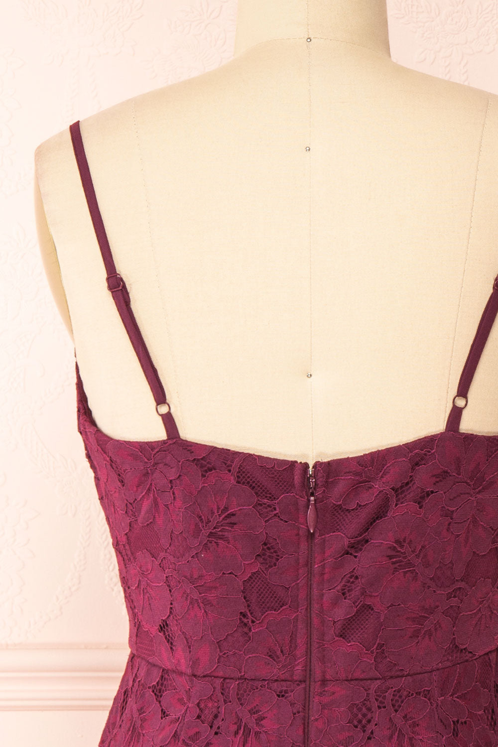 Dysis Burgundy Floral Lace Midi Dress | La petite garçonne back close-up