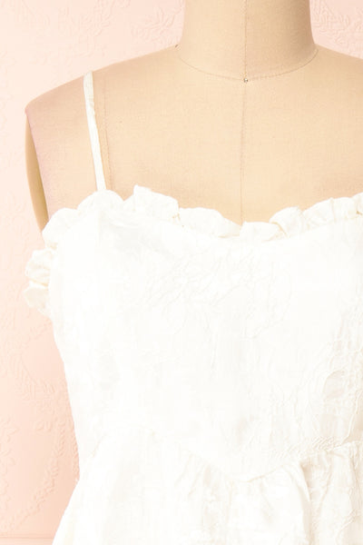 Ebony White A-Line Embroidered Bridal Midi Dress | Boudoir 1861 front close-up