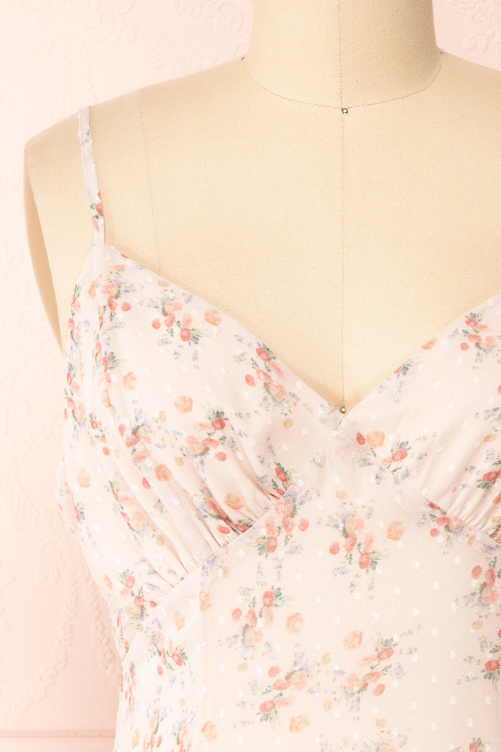Edesia Short Pink Floral Dress w/ Thin Straps | Boutique 1861 front close-up