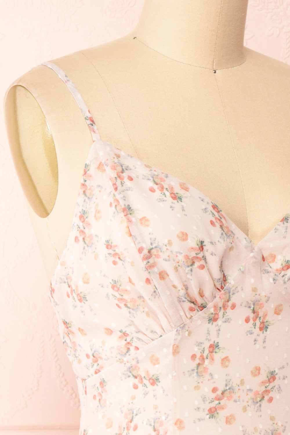 Edesia Short Pink Floral Dress w/ Thin Straps | Boutique 1861 side close-up