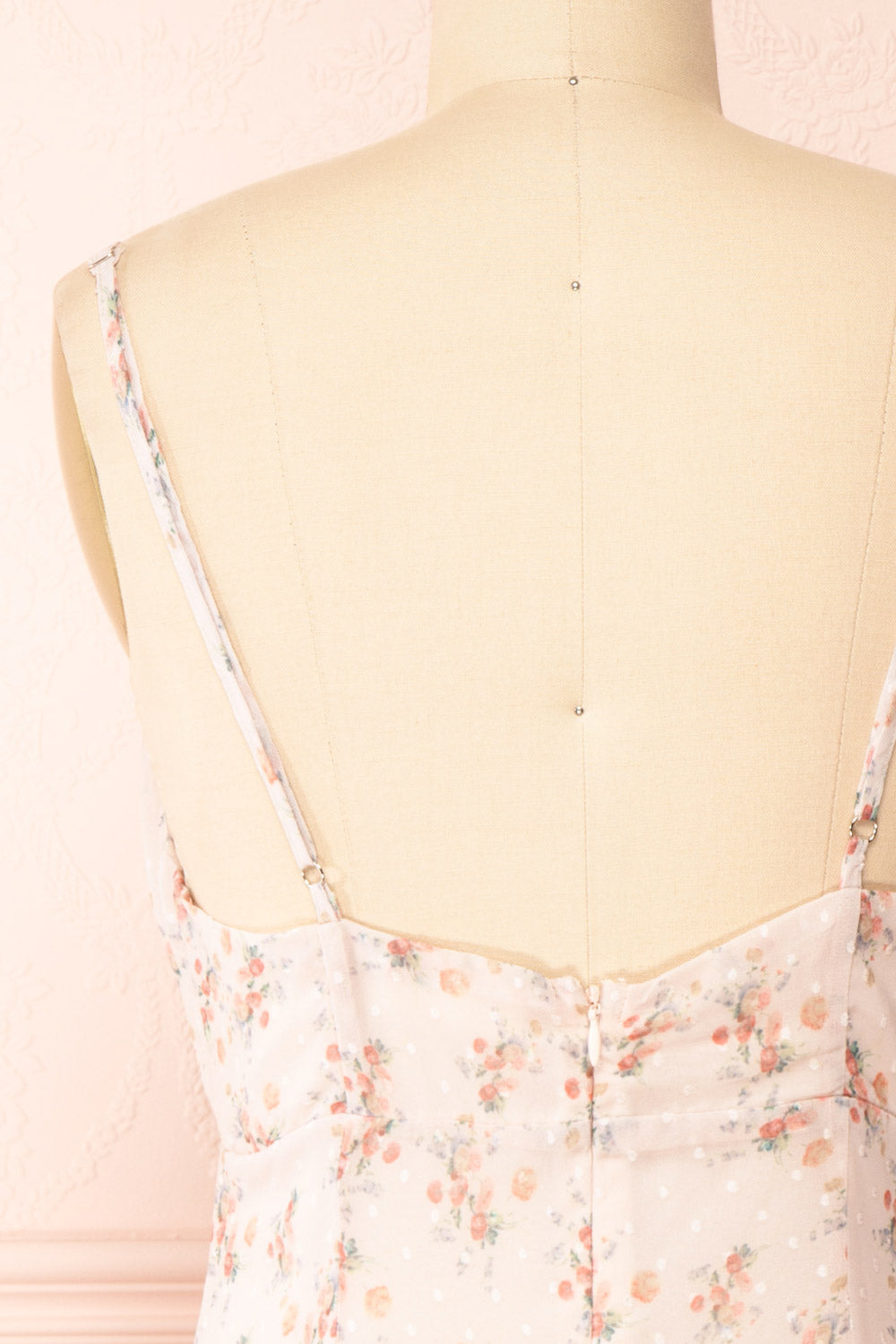 Edesia Short Pink Floral Dress w/ Thin Straps | Boutique 1861 back close-up