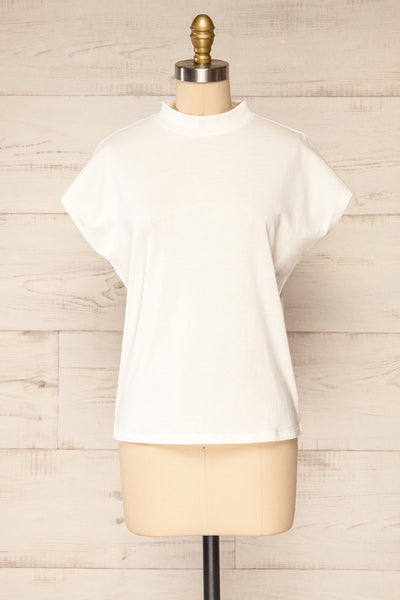 Egges White Short Sleeve Mock Neck T-Shirt | La petite garçonne front  view