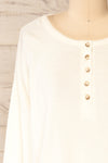 Eggesbones White Long Sleeve Henley Crop Top | La petite garçonne front close-up
