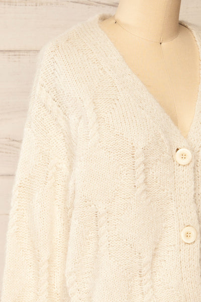 Eggje Ivory Button-Up Knit Cardigan | La petite garçonne side close-up