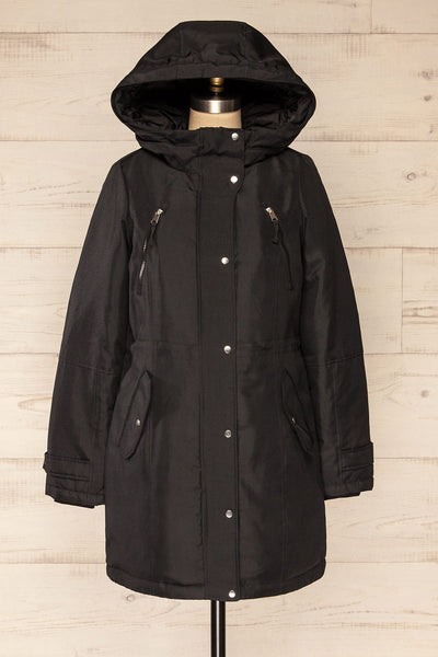Eidfjord Black Hooded Parka Coat | La petite garçonne front view