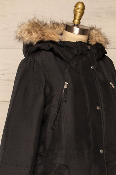 Eidfjord Black Hooded Parka Coat | La petite garçonne side close-up