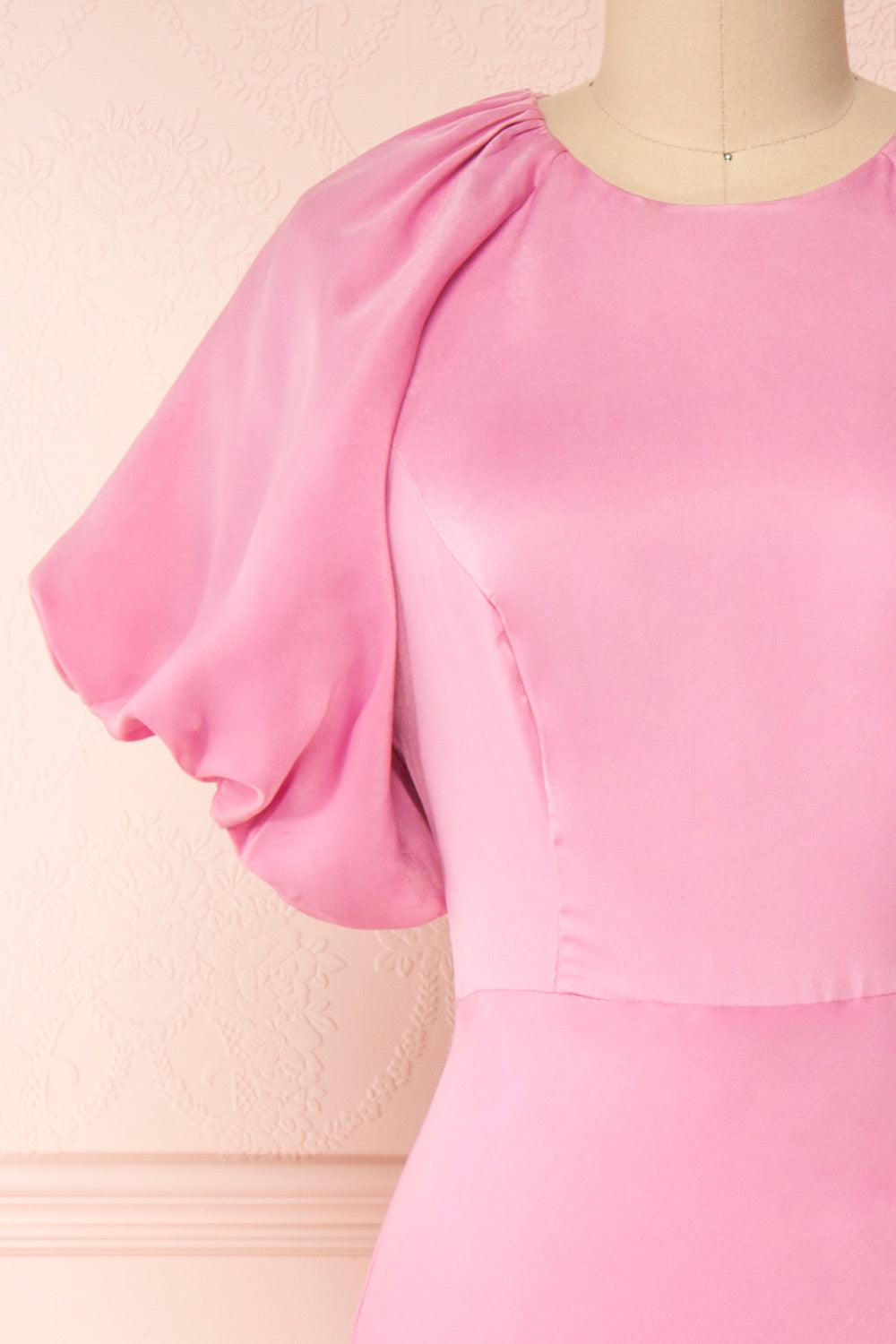 Eirwen Pink Satin Puffy Sleeve Flared Dress | Boutique 1861 front close-up