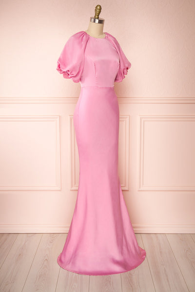 Eirwen Pink Satin Puffy Sleeve Flared Dress | Boutique 1861 side view