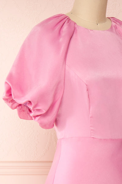 Eirwen Pink Satin Puffy Sleeve Flared Dress | Boutique 1861 side close-up